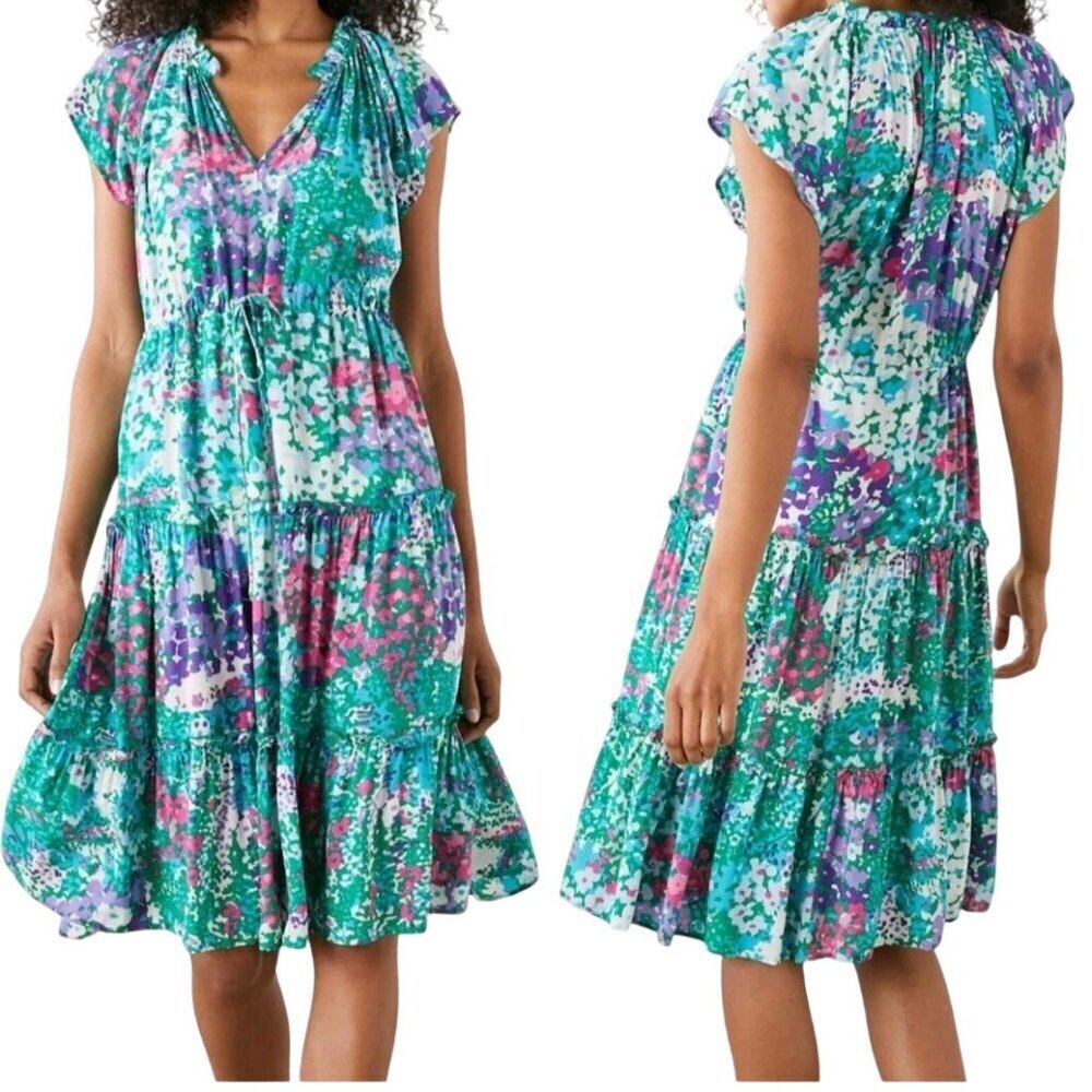 Rails Juni Gardenia Floral Flutter Sleeve V-neck Tie Waist Midi Dress Size S